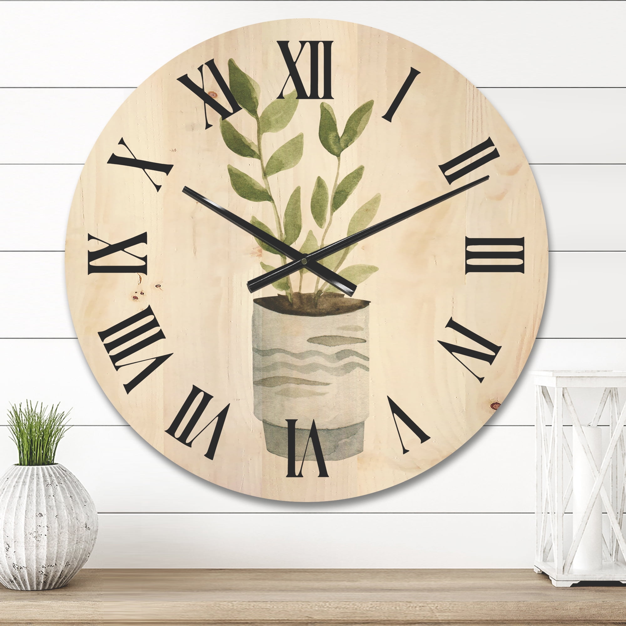 Designart 'Indoor Green Home House Plants in Pots II' Traditional Wood Wall Clock