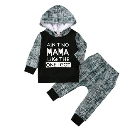 

Baby Boys and Girls Hooded Long Sleeve Letters Printing Top + Plaid Print Long Pants