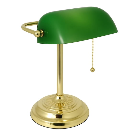 LIGHTACCENTS Lampe de Bureau Traditionnelle de Banquier avec Abat-Jour en Verre Vert et Base en Laiton – Lampe de Bureau Classique avec Chaîne à Tirer, Éclairage de Bureau, V