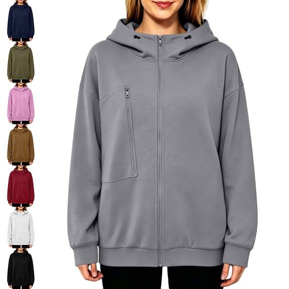 ITSAME Womens Full Zip Hoodie Long Sleeve Fall Winter Casual Hooded Sweatshirt with Zipper Chest Pocket Gray Size 2XL