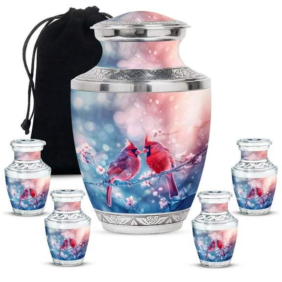KARYLIZ Urns With Cardinals For Human Ashes - Funeral Urn for Human Ashes Men & Women - Cremation Urns For Human Ashes - Decorative Urns For Human Ashes Adult Man (Combo - 10 Inch & 3 Inch, Set of 5)