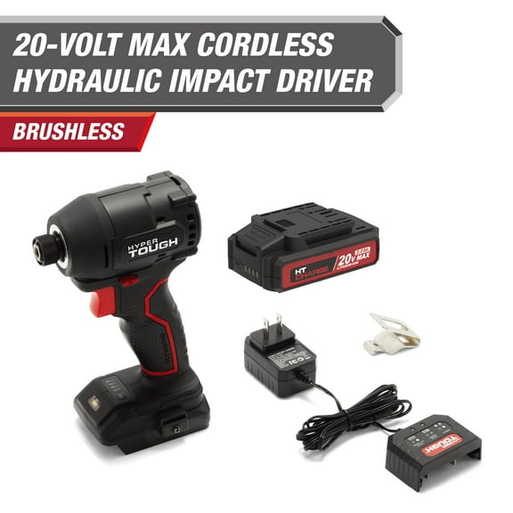 Hyper Tough 20V Brushless Hydraulic Impact Driver with 2.0Ah Lithium-Ion battery and Charger, 1/4" quick release Hex Chuck, quieter operation