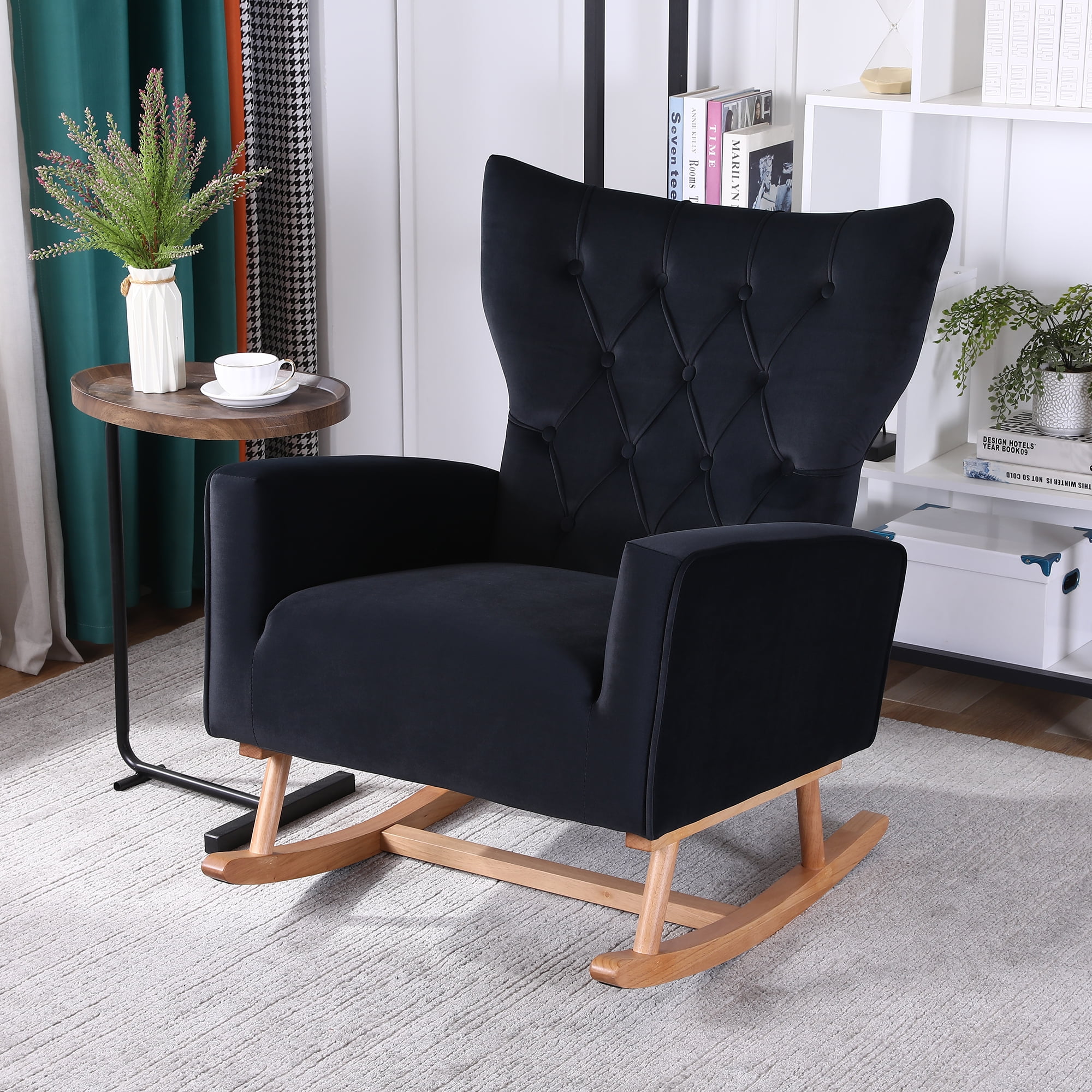 Resenkos Modern Velvet Rocking Chair Nursery with High Backrest, Living Room Accent Chair Armchair, Black Resenkos Modern Velvet Rocking Chair Nursery with High Backrest, Living Room Accent Chair Armchair, Black