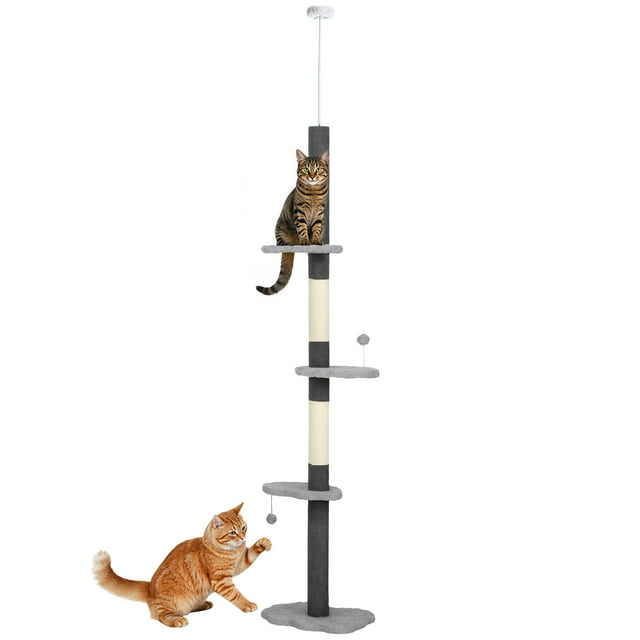 PawHut 88.5"-100.5" Floor to Ceiling Cat Tree with Scratching Posts, Grey