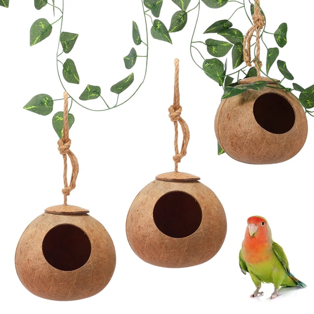 Nido de pájaro de coco, cabaña colgante para casa de pájaros, piel de coco con 6,9 pies de vides falsas, carcasa de fibra de coco, accesorios para jau