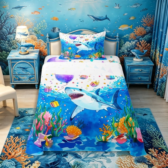 Castle Fairy Watercolor Birthday Shark Art Twin Sheets 3pcs,Confetti Gift Coral Party Print Bedding,Purple Cyan,1 Fitted Sheet,1 Flat Sheet and 1 Pillowcase