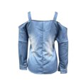 thumbnail image 5 of SSZMDLB Women Square Neck Long Sleeve Cold Shoulder Tops Casual Basic T Shirt Solid Summer Beach Outfits Streetwear, Blue 2XL, 5 of 5
