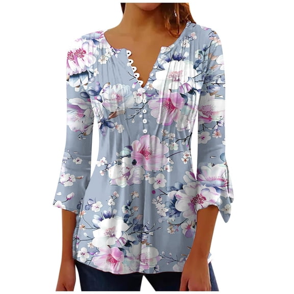 Womens Tops Short Sleeve Women's Fashion Printed T-Shirt 3/4 Sleeves Blouse-Neck Casual