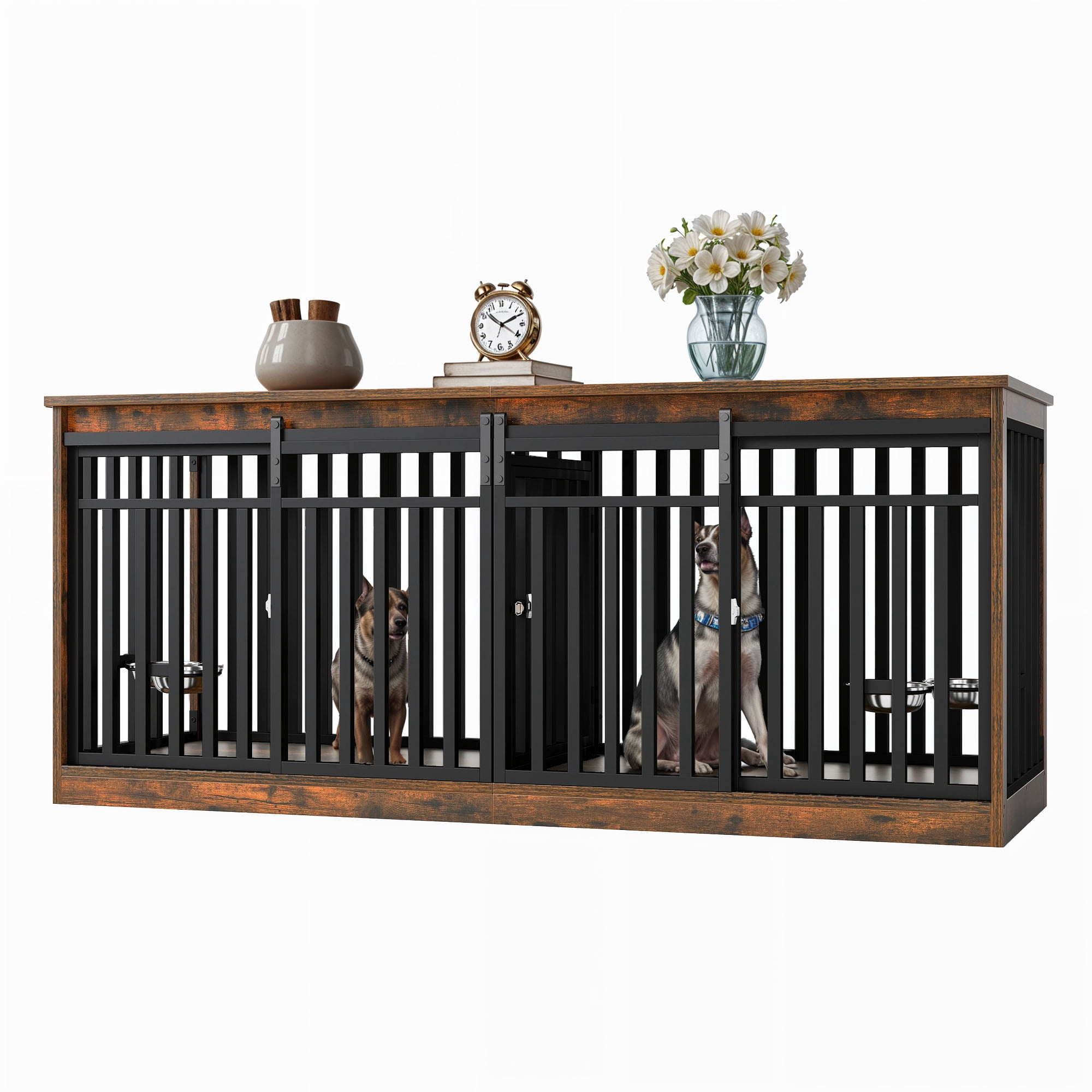 Dextrus 71" Dog Crate Furniture with 4 Dog Bowls for 2 Dogs, Heavy Duty Wooden Dog Kennel Crate TV Stand - Rustic Brown