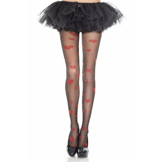 7399-BLACK-RED Heart Print Spandex Pantyhose, Black - Red