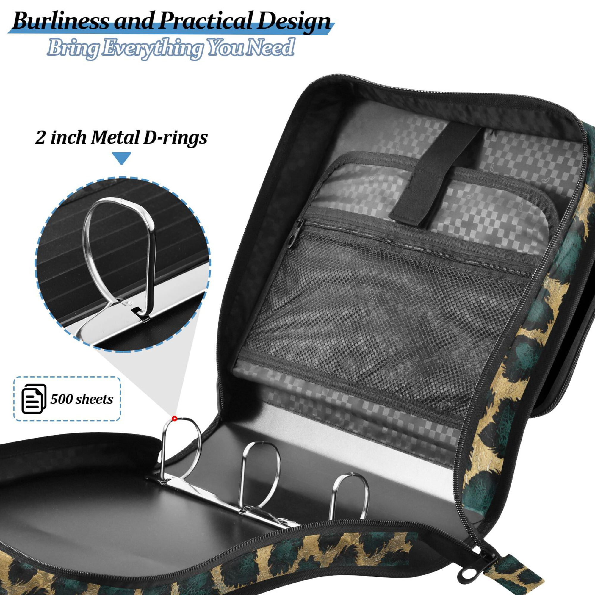 FORMRS Zipper Binder with Shoulder Strap 2-inch Ring 500 Sheet Capacity File Bag, Green Leopard Print