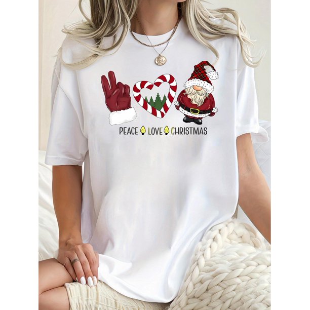 1pc Women'S Casual Crew Neck T-Shirt with Peace Love Christmas Print, Polyester Knit Fabric, Medium Stretch, All-Season Comfort, Fashionable Short Sleeve Top with Abstract Santa and Heart Design