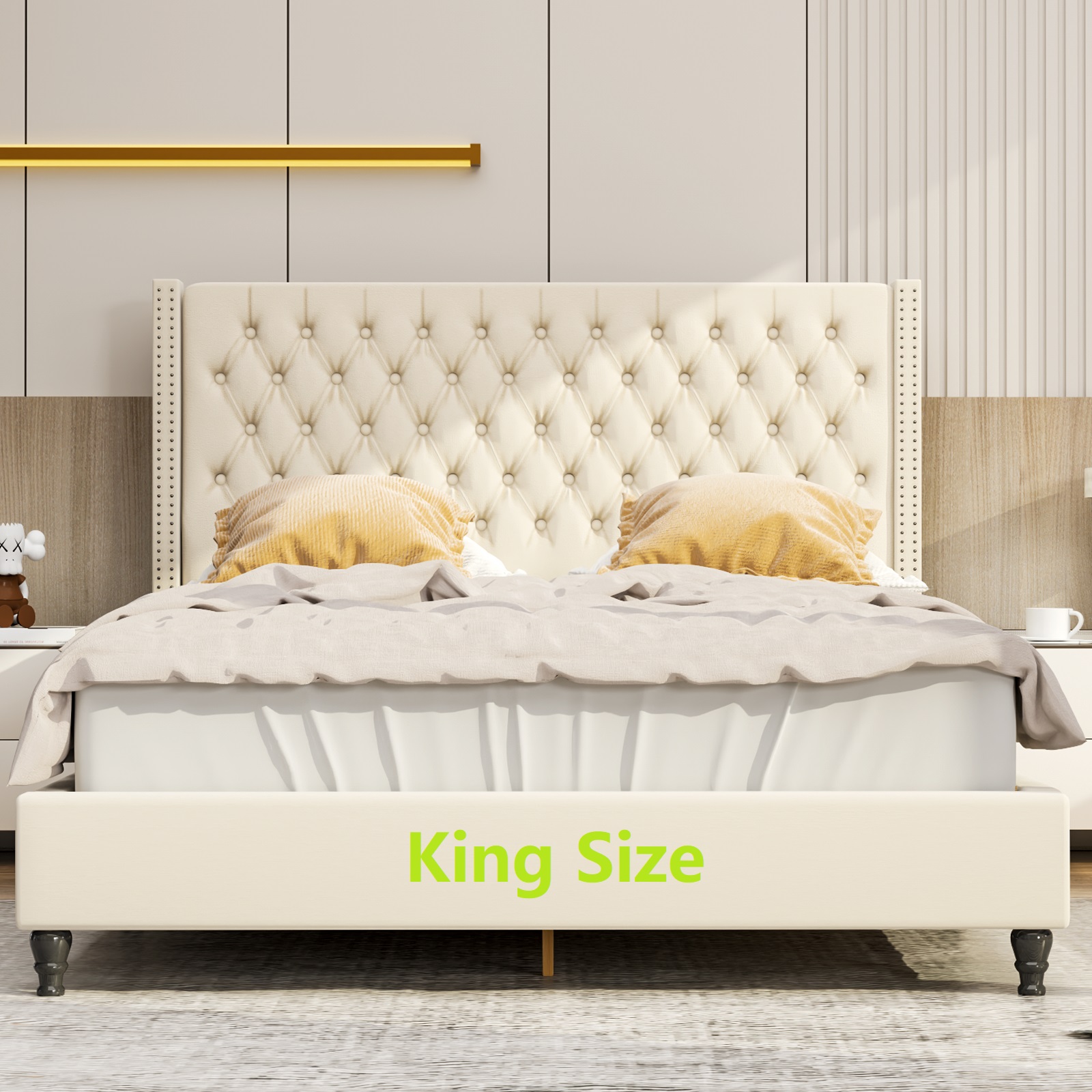 Upholstered Tufted Bed, Platform Bed Frame with Diamond Low Profile