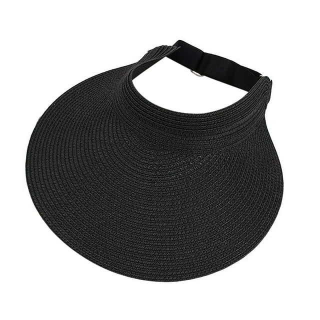 WEIYLL Sun Hat for Women Straw Sunscreen Empty Top Solid Color Large Brim Black Beach Caps