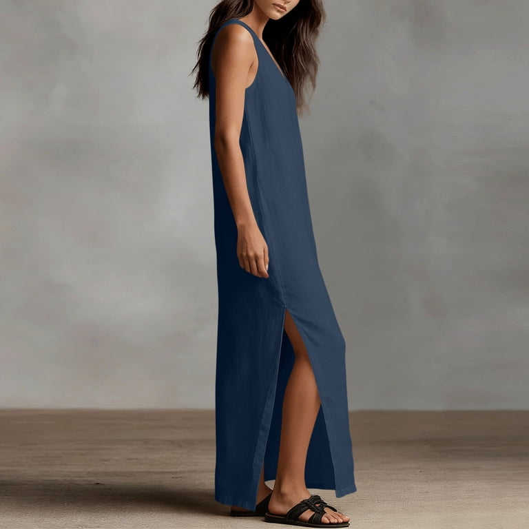 ankle length cotton summer dresses Karymi V-Neck Fashion Long Solid Tank Linen Fabric Skin-Friendly Women Dress Loose Minimalist Hem Split Tank ESN-S21422 Bra Hack For Open Color:Caramel Mocha Sizes Available