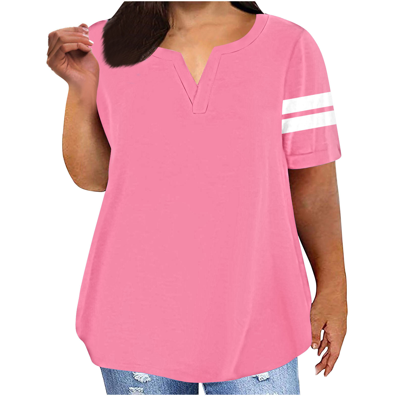 Tops para mujer talla plus, manga corta, cuello V, camisetas de verano, modernas y holgadas, blusas casuales elegantes, túnicas oversized 2