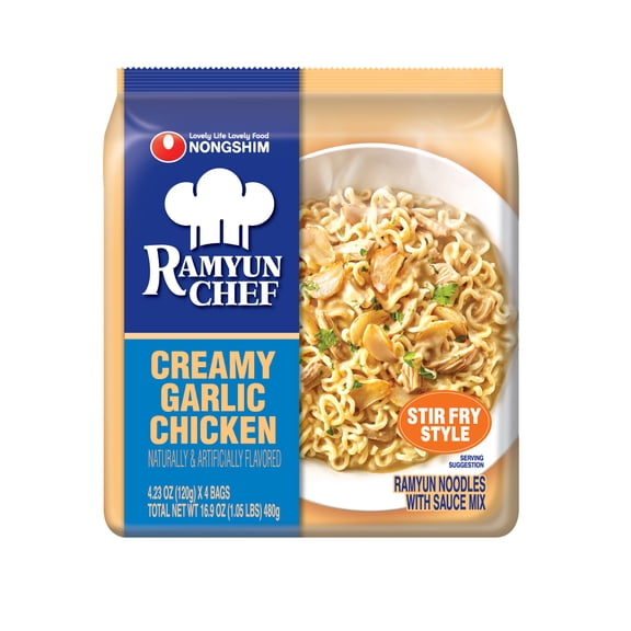 Nongshim Ramyun Chef, Creamy Garlic Chicken, Stir Fry, 4.23 oz (120g), 4 pack