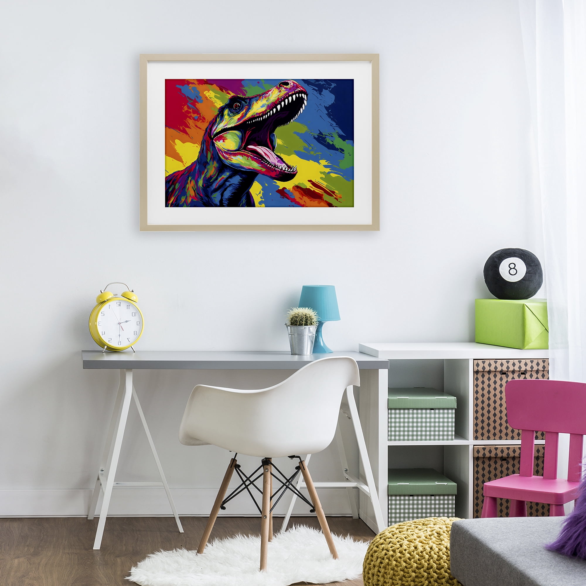 Stupell Industries Brightly Colored Dinosaur Birch Framed Print Under Glass, design by Creative Studio