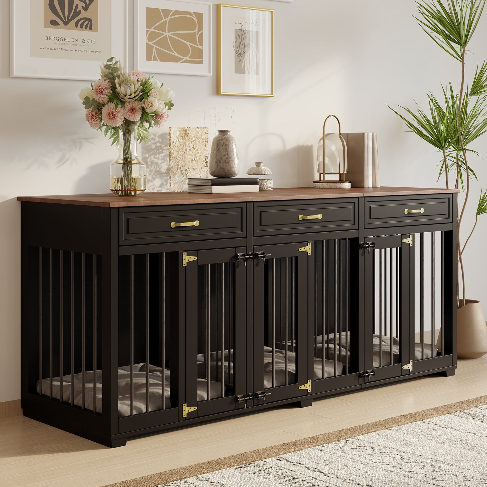 Jenser Multi-Functional 3-Door 72" Wooden Furniture Style Crate for Dogs with 2 Dividers