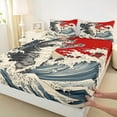 thumbnail image 3 of Feelyou Kawaii Cat Kitten Bed Sheets for Teens, Tokyo Ocean Waves King Sheets, Retro Japanese Style Sheet Set, Lightweight Room Decor, 4pcs, 3 of 7