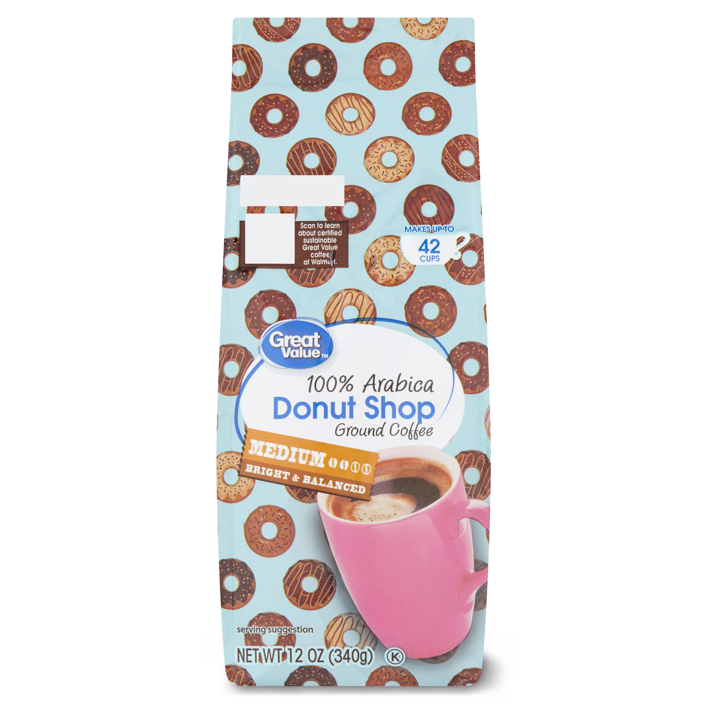 Great Value Donut Shop, 100% Arabica, Medium Roast, Ground Coffee, 12 oz