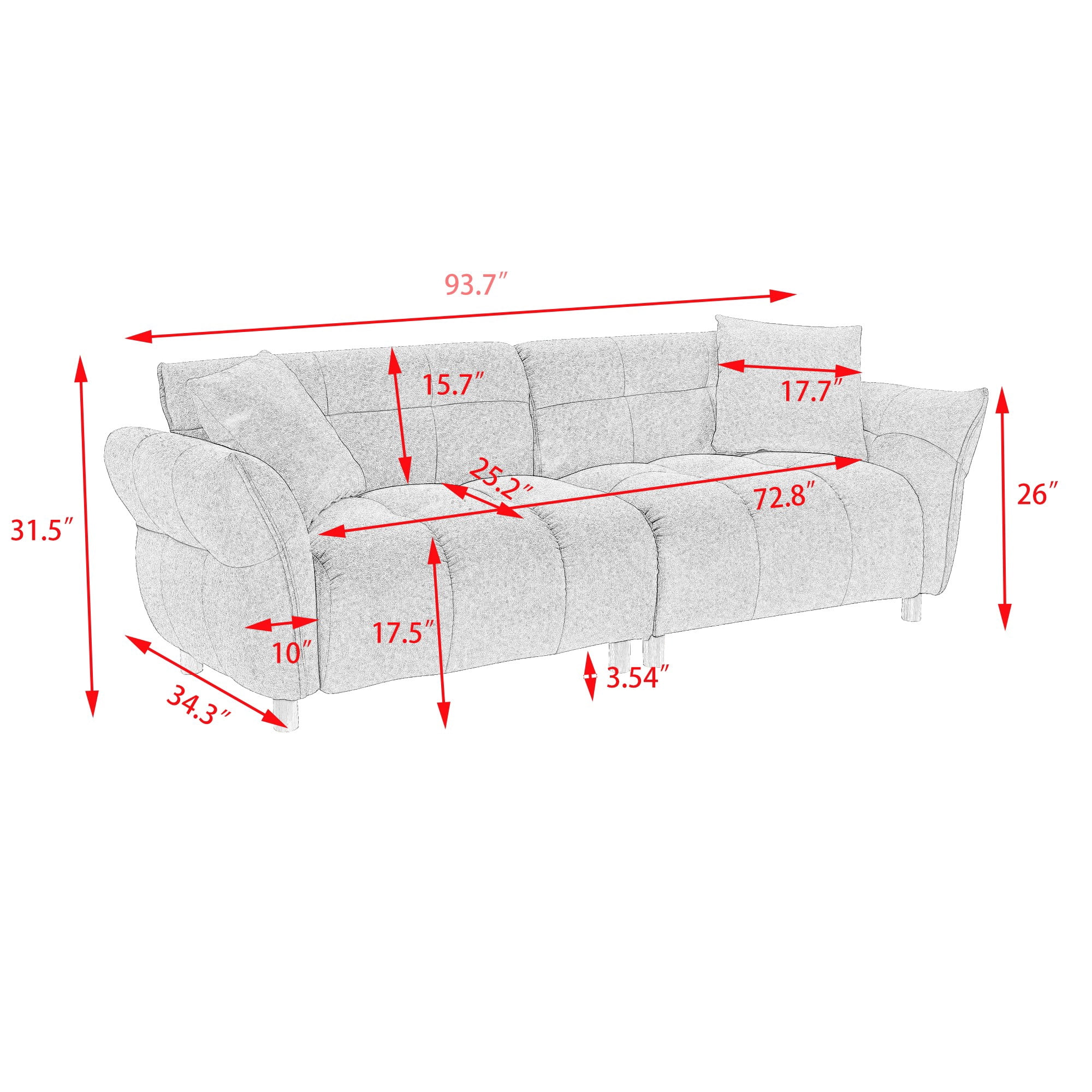 93" Sofa Couch for Living Room,Teddy Upholstered Sofa,3 Seater Couch with 2 Pillows for Apartment,Bedroom,Office,Green
