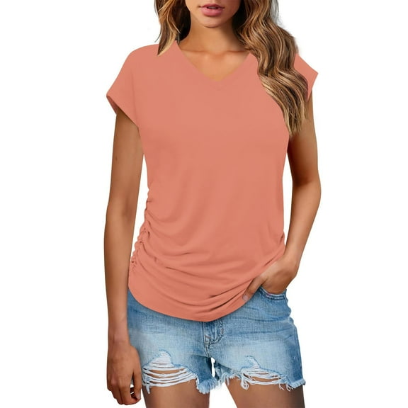 ZyeKqe Cap Sleeve T Shirts for Women Loose Fitted Crewneck Summer Tops Solid Color Basic Tees
