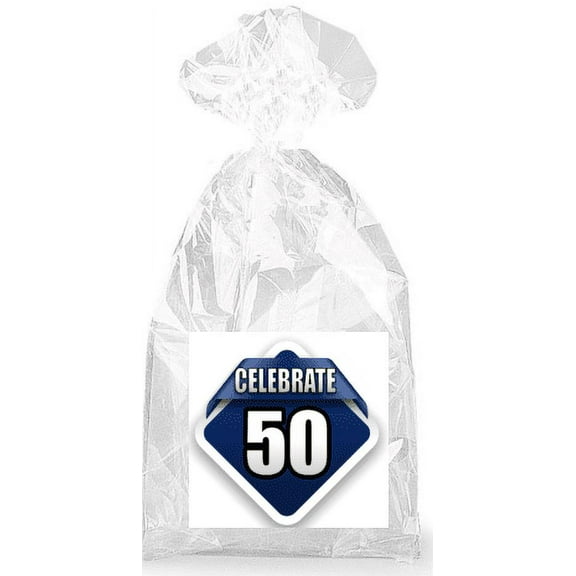 Celebrate 50th Birthday on Blue Party Favor Bags with Ties - 12pack