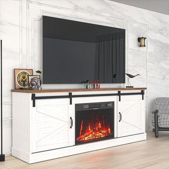 Kullavik Farmhouse TV Stand up to 65 Inches TV, Sliding Barn Door Entertainment Center, TV Cabinet Storage Shelves, Media Furniture for Living Room, White