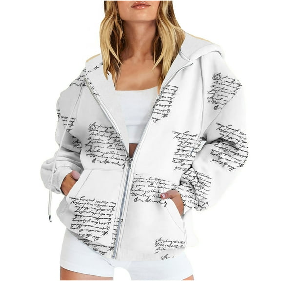 Usmixi 2023 Sweatshirt Coat for Women Winter Womens Hooded Coat Trendy Letter Print Open Zipper Drawstring Hoodie Jacket Fall Ladies Plus Size Lightweight Sweatshirt Outwear with Pocket Weekly