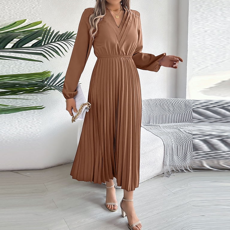 Muscularfit Women's Dresses Waist Flowy Dress Long Sleeve Fit & Flare  V-Neck Maxi Womens Cute Dress - Walmart.com