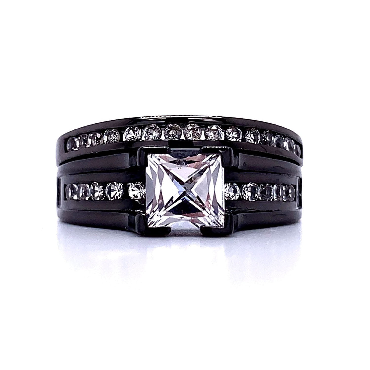 2.65Ct Black Princess Cut Diamond 925 Silver Sterling Engagement Bridal Ring Set 