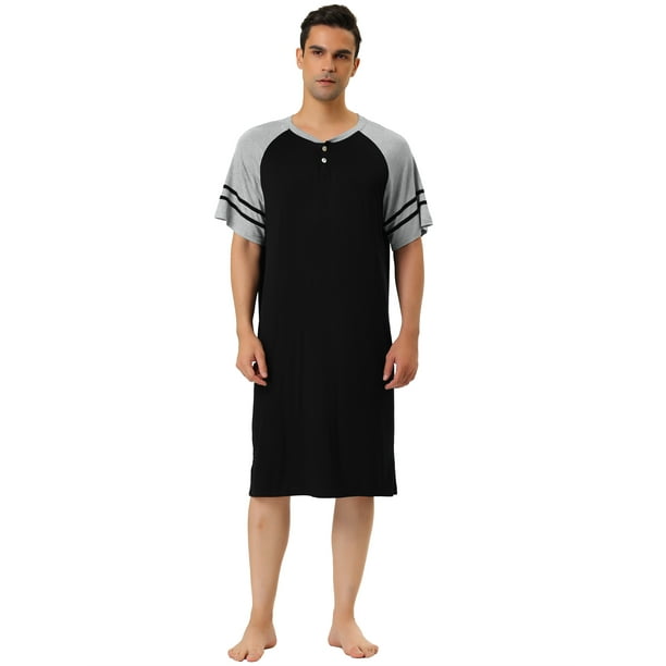 Camisones de hombre Contraste Color Henley Sleep Shirt Lounge Sleepwear Camison Pijamas Negro gris L Unique Bargains Camisone Bodega Aurrera en linea