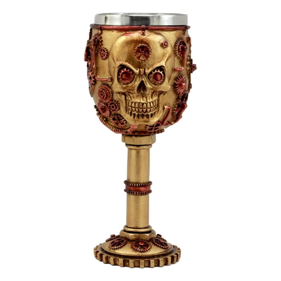 Ebros Gift Golden Age Steampunk Mechanical Gearwork Skull Face Wine Goblet Drink Chalice Cup Figurine 6oz