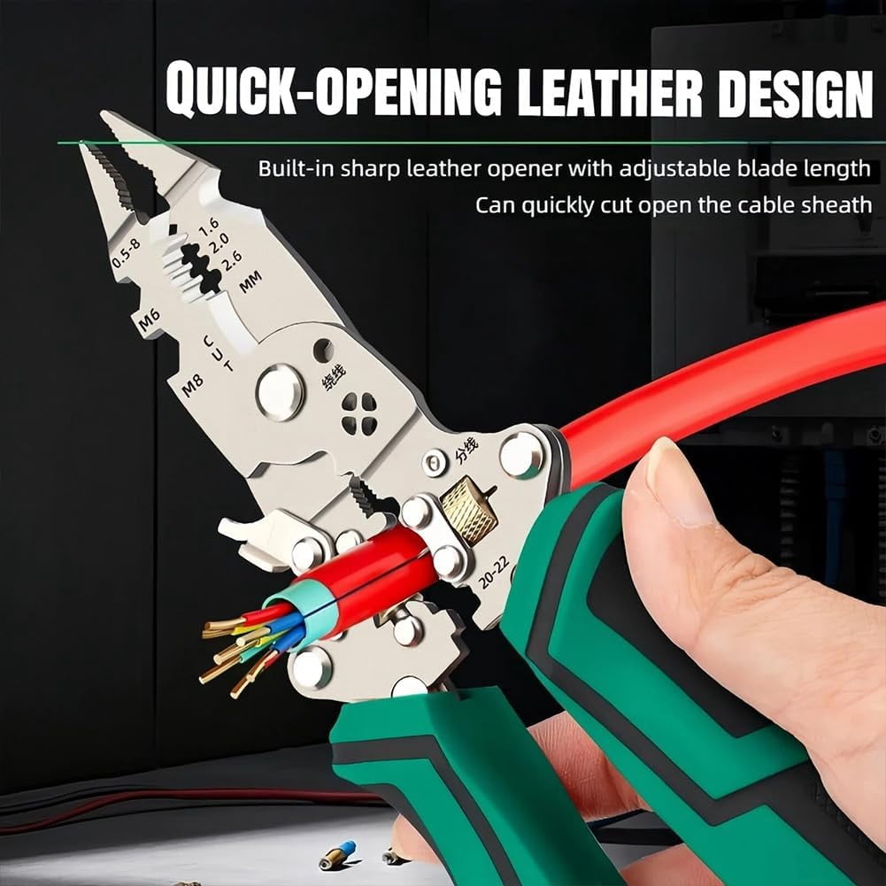 16 in 1 Wire Stripper Twister for Cutting and Pulling Wires, Cable Scissors, Voltage Tester Pliers, 12v to 250v, Foldable for Electrical Repair & DIY Household Use (Green*2)