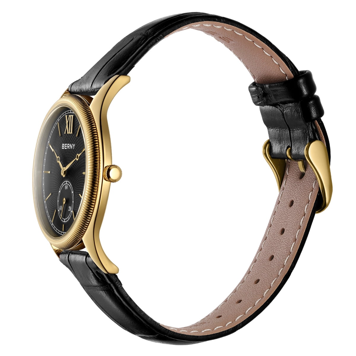 BERNY Watches for Men, Ultra-Thin Minimalist Leather Watch, Stainless Steel Case, Waterproof Analog Quartz Watch, Business Dress Watches with Small Seconds (Black)