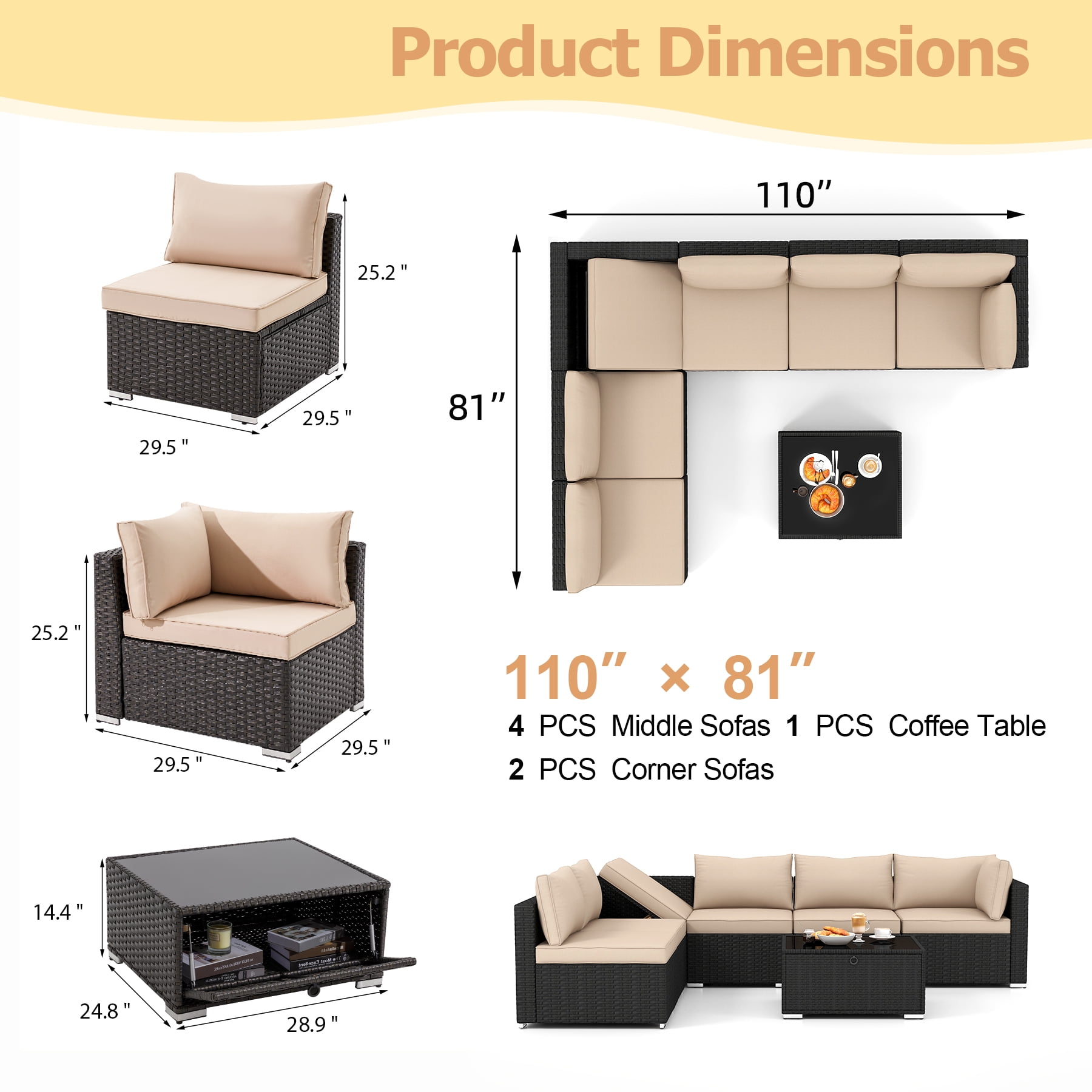 GYUTEI 7 Piece Patio Furniture Set with Adjustable Bracket All-Weather Wicker Conversation Set with Coffee Table for Porch Garden Backyard (Khaki)