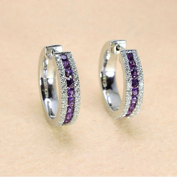 1.80Ct Round Cut Purple Amethyst & Diamond Hoop Earrings 14K White Gold Plated