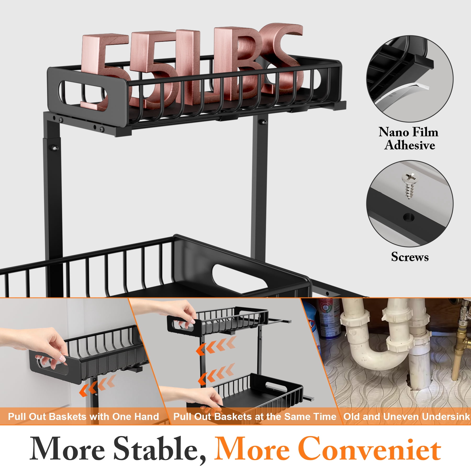 Under Sink Organizer, 2 Tier Slide Out Under Kitchen Sink Organizer and Storage, LASHOW’ Height Adjustable Pull Out Kitchen Bathroom Metal Sink Storage Shelves.