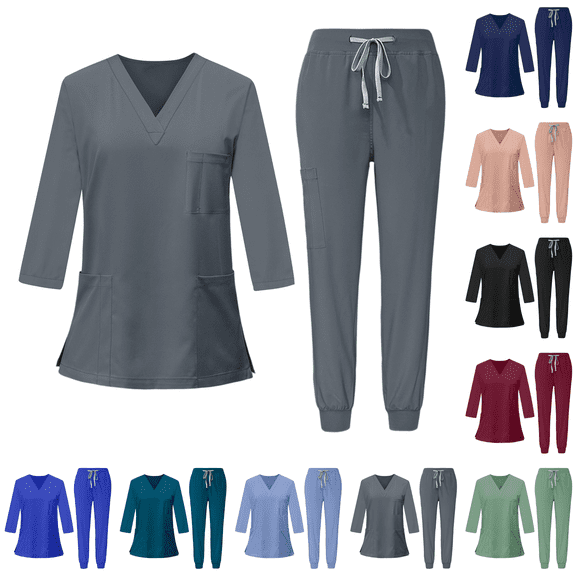 3/4 Sleeve Scrub Suit Set for Women Modern V-neck Top & Tapered Leg Jogger Pants with Drawstring Medical Nursing Uniforms Set Dark Grey S