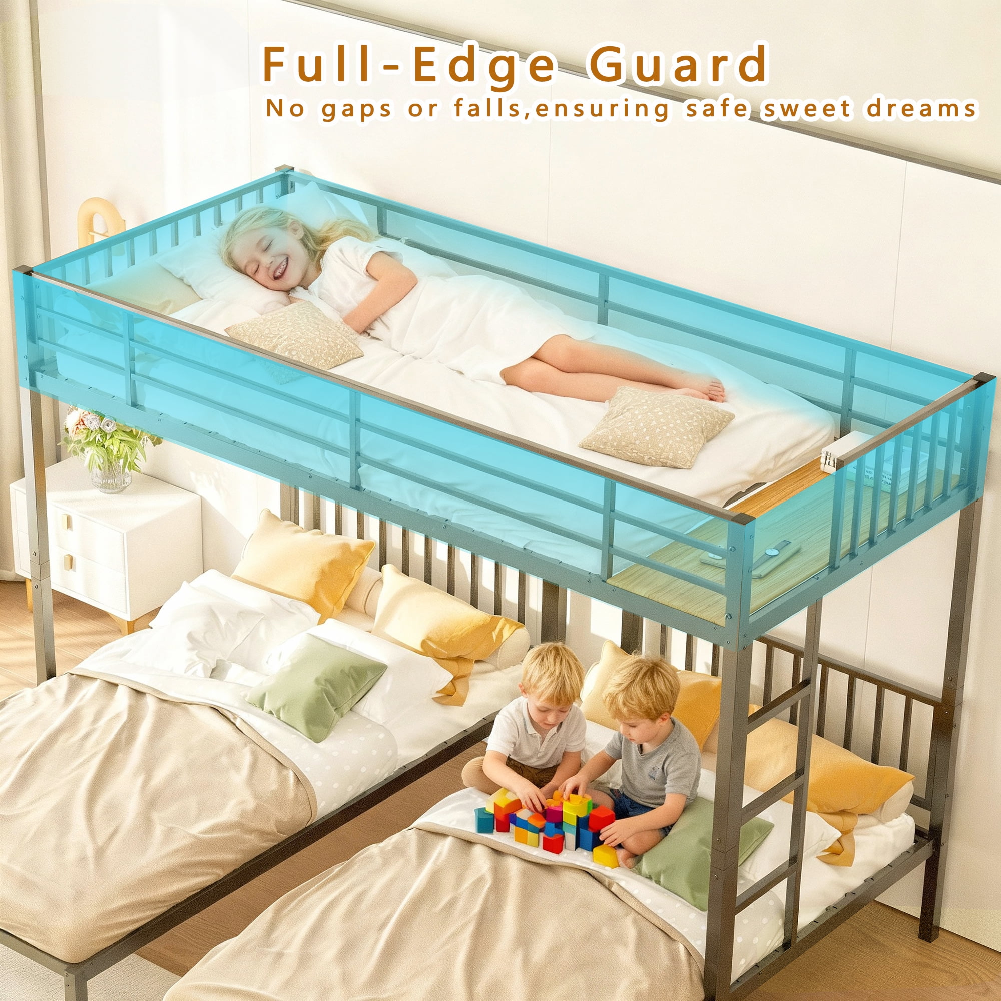 Triple Bunk Bed, Twin Over Twin Metal Bunk Bed Frame with Safety Guardrails and Ladder, Heavy Duty Converts to 3 Individual Beds, Space-Saving Family Sleep Solution for Bedroom Guest Room, Black