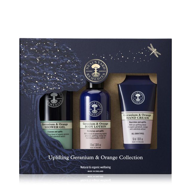 Neal's Yard Colección estimulante de geranio y naranja con aceite esencial de geranio para todo tipo de piel Aprobado por vegetarianos Sin crueldad Juego de 3 piezas