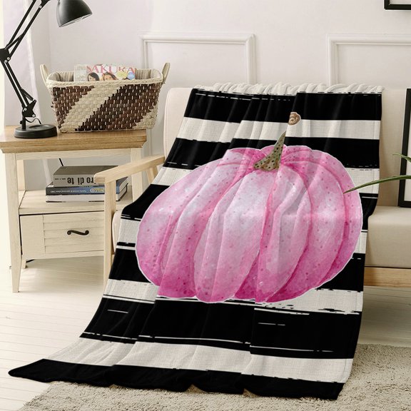 Throw Blanket Fleece Throw Blanket 30x40in, Watercolor Pink Pumpkin Soft Lightweight Bed Blankets Vintage Black White Striped Fuzzy Couch Blankets for All Season