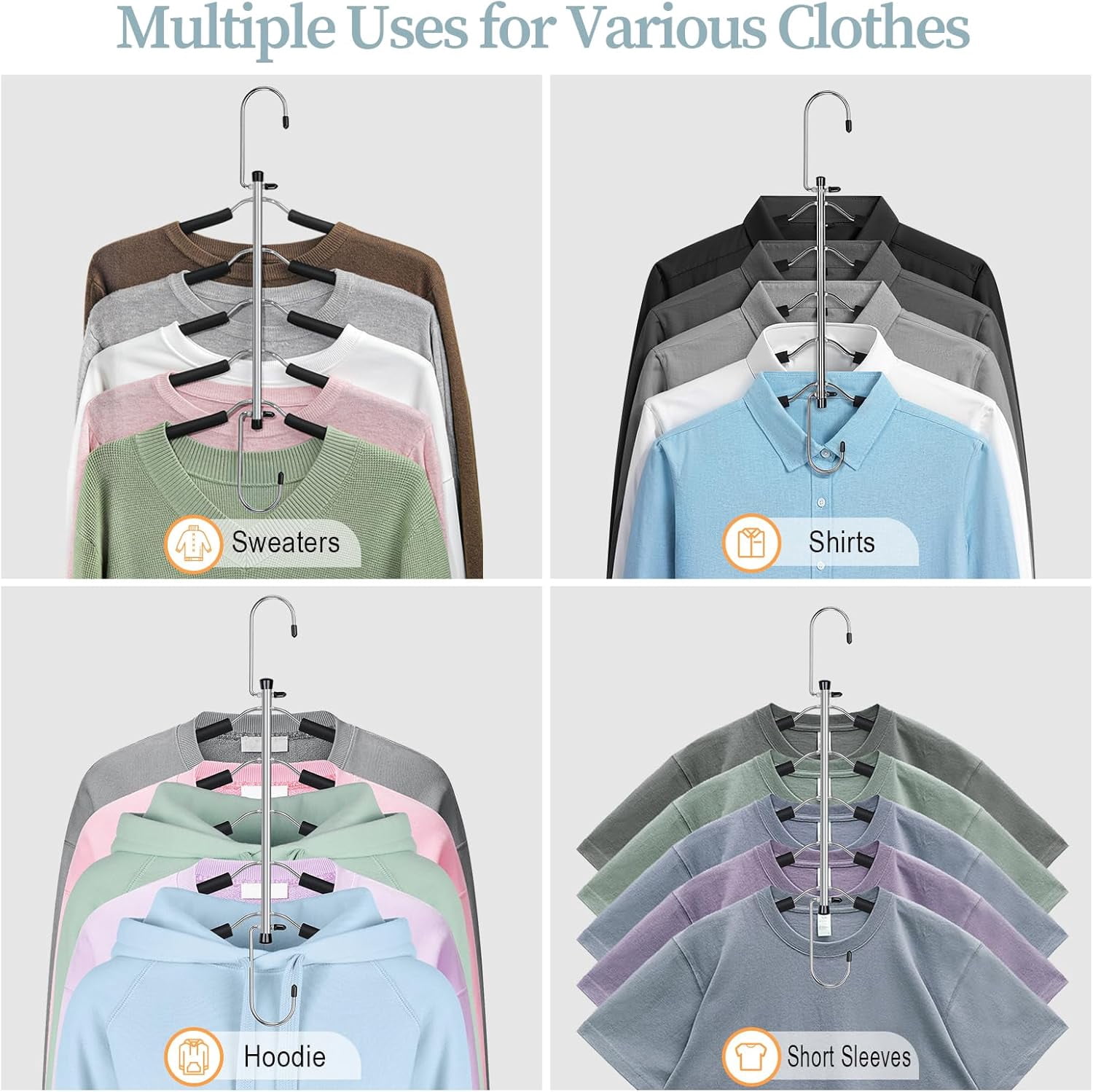 Clothes Hangers Space Saving Shirt Organizer, Non Slip Multi Shirt Hangers for Closet with Foam Padded Closet Organizers and Storage for Sweater Hoodie Blouse Coat Dress Short Black 4 Pack