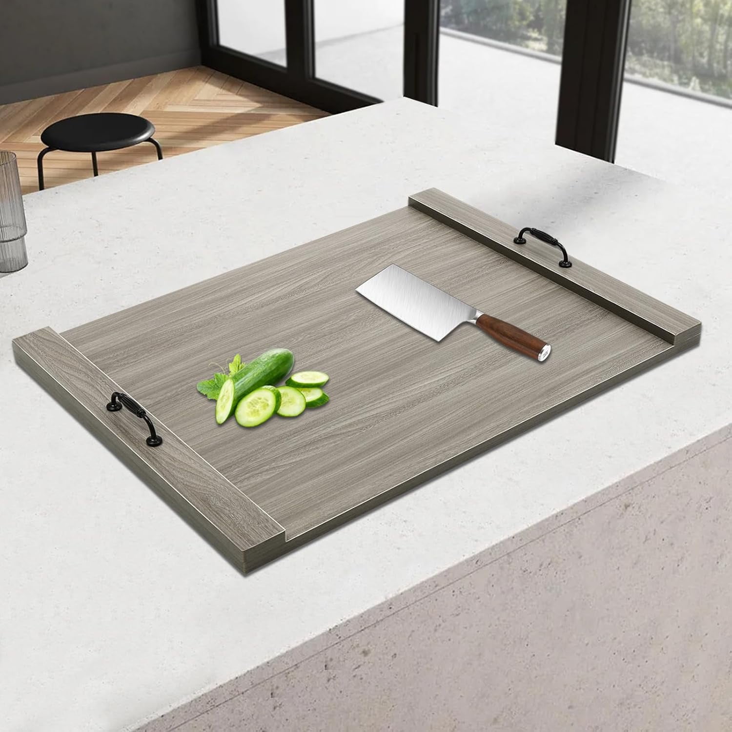 Miumaeov Noodle Board Extra Large Cutting Board Solid Noodle Board Wood Stove Cover Pre-Drilled Holes Clear Texture For Electric&Gas Stove Top Cover