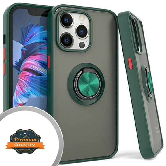 Xpression Case for Apple iPhone 13 Pro Max (6.7") Finger Ring Stand Holder Kickstand Hybrid Frosted Matte TPU Hard PC Frame Shock-Absorption Phone Cover [Green]