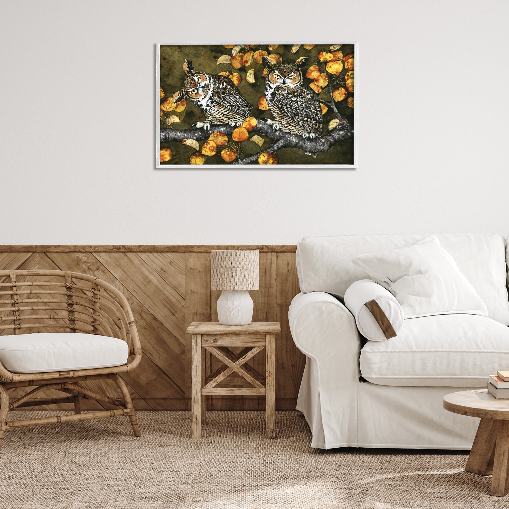 Stupell Industries Inquisitor Owls Autumn Branch Animals & Insects Painting White Framed Art Print Wall Art, 30 x 20