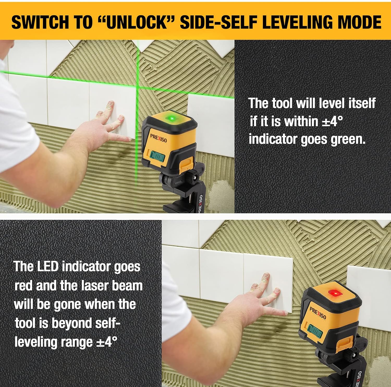 PREXISO Laser Level, 65Ft Self Leveling Cross Line Laser Level, Green Line leveler Tool for Hanging Picture, Floor Tile, Home Renovation with LED Indicator & 2 AA Batteries (360°Clamp)