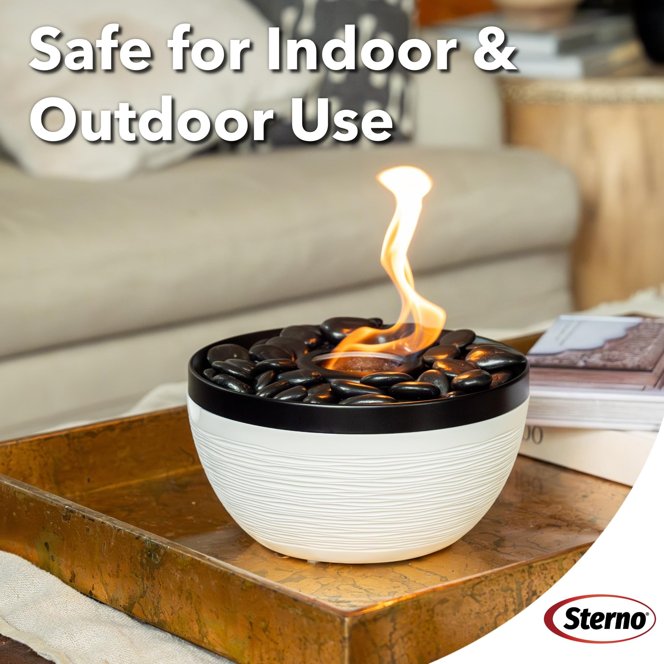 Sterno Tabletop Fire Pit Medium Smokeless Mini Fireplace for Indoor Outdoor Patio & Balcony Decor, Portable Fire Pit 9.5" x 5.25" - Onyx & Ivory