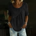 thumbnail image 4 of Nmnitkp Linen Tops for Women Solid Color Linen Blend Gathered Crew Neck Short Sleeve Blouse, Loose Fit Casual Summer Tops for Daily Wear Black,L, 4 of 9